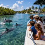 Family watching wild bottlenose dolphins swimming beside a boat during a Sarasota dolphin watching tour through clear coastal waters.