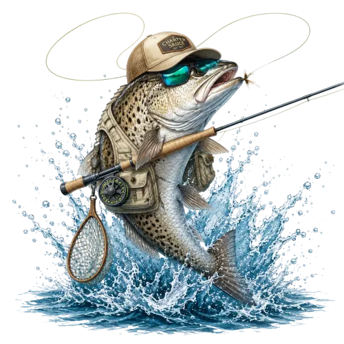 Illustrated spotted sea trout wearing sunglasses and fly fishing gear with a fly rod above a blue water splash.