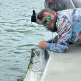 Angler releasing a trophy tarpon beside the boat during a Sarasota fly fishing charter.