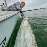 Young angler releasing a trophy tarpon beside the boat after a successful Sarasota fly fishing charter.