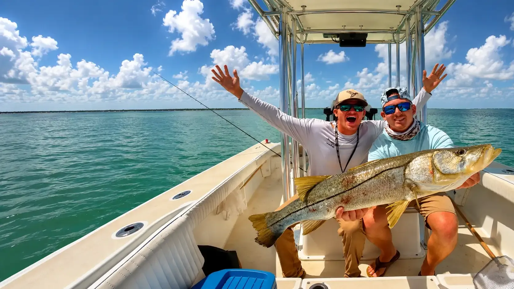 Anglers celebrating with a large snook during a Sarasota nearshore fishing charter.