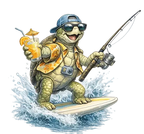 Illustrated sea turtle mascot with fishing rod and tropical drink for Sarasota spring break fishing.