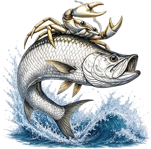 Illustrated tarpon leaping from the water with a crab riding on its back in a fun Sarasota fishing mascot design.