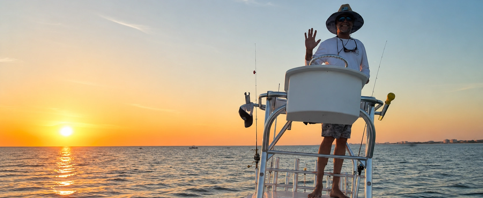 Captain waving from the helm during a sunset cruise on Sarasota Bay.