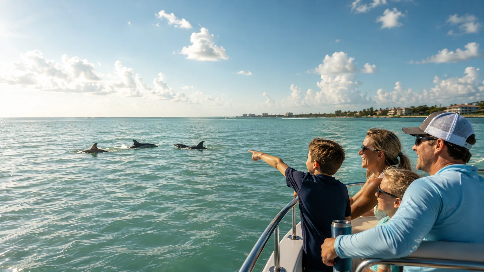 Family watching wild dolphins from a private charter boat in Sarasota Bay.