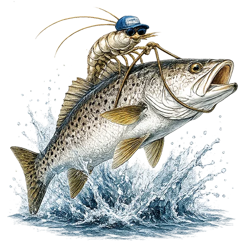 Illustrated spotted sea trout with a smiling shrimp mascot riding on its back above a blue water splash.
