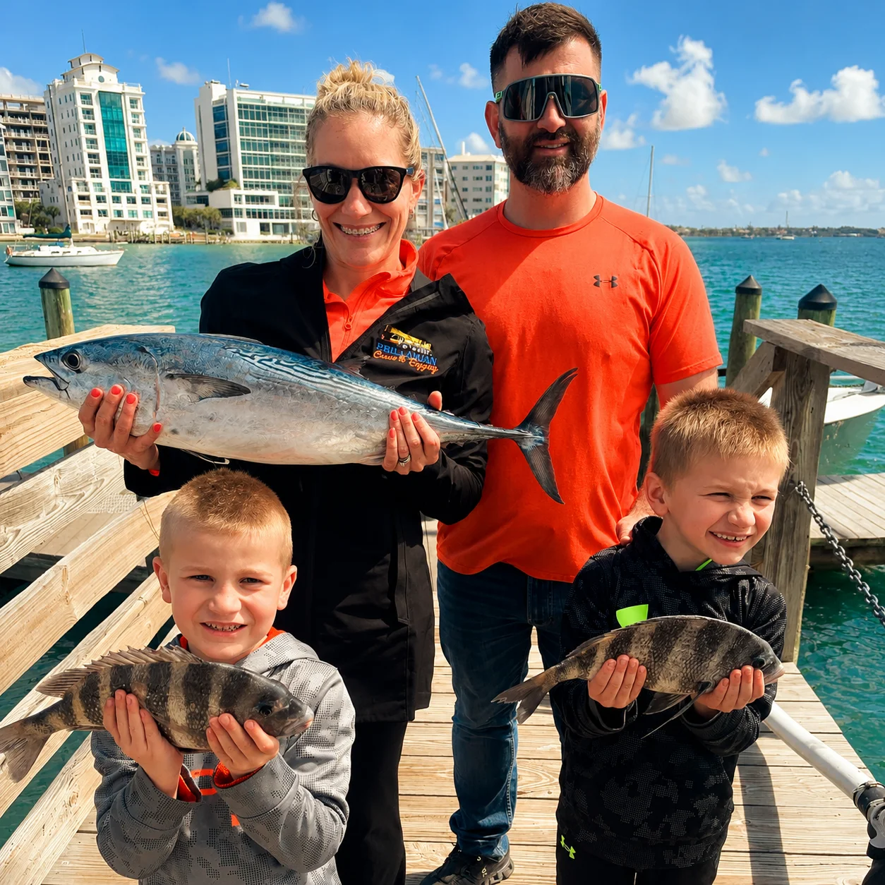 Family holding their catch after a successful Sarasota family fishing charter.