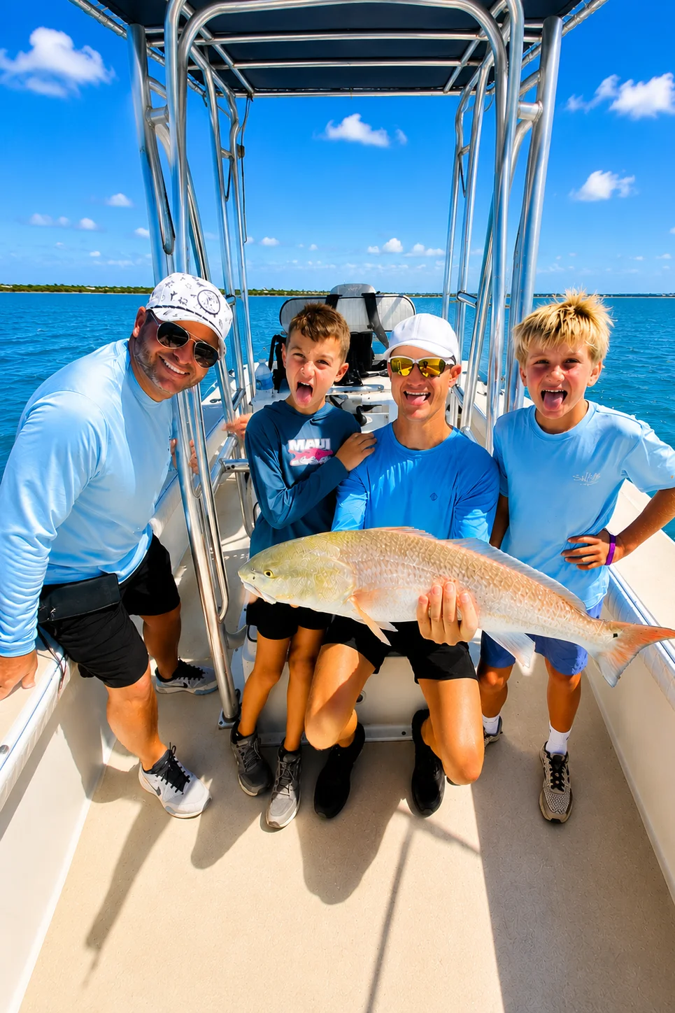 Family celebrating a successful fishing trip with a redfish aboard a charter boat in Sarasota Bay.