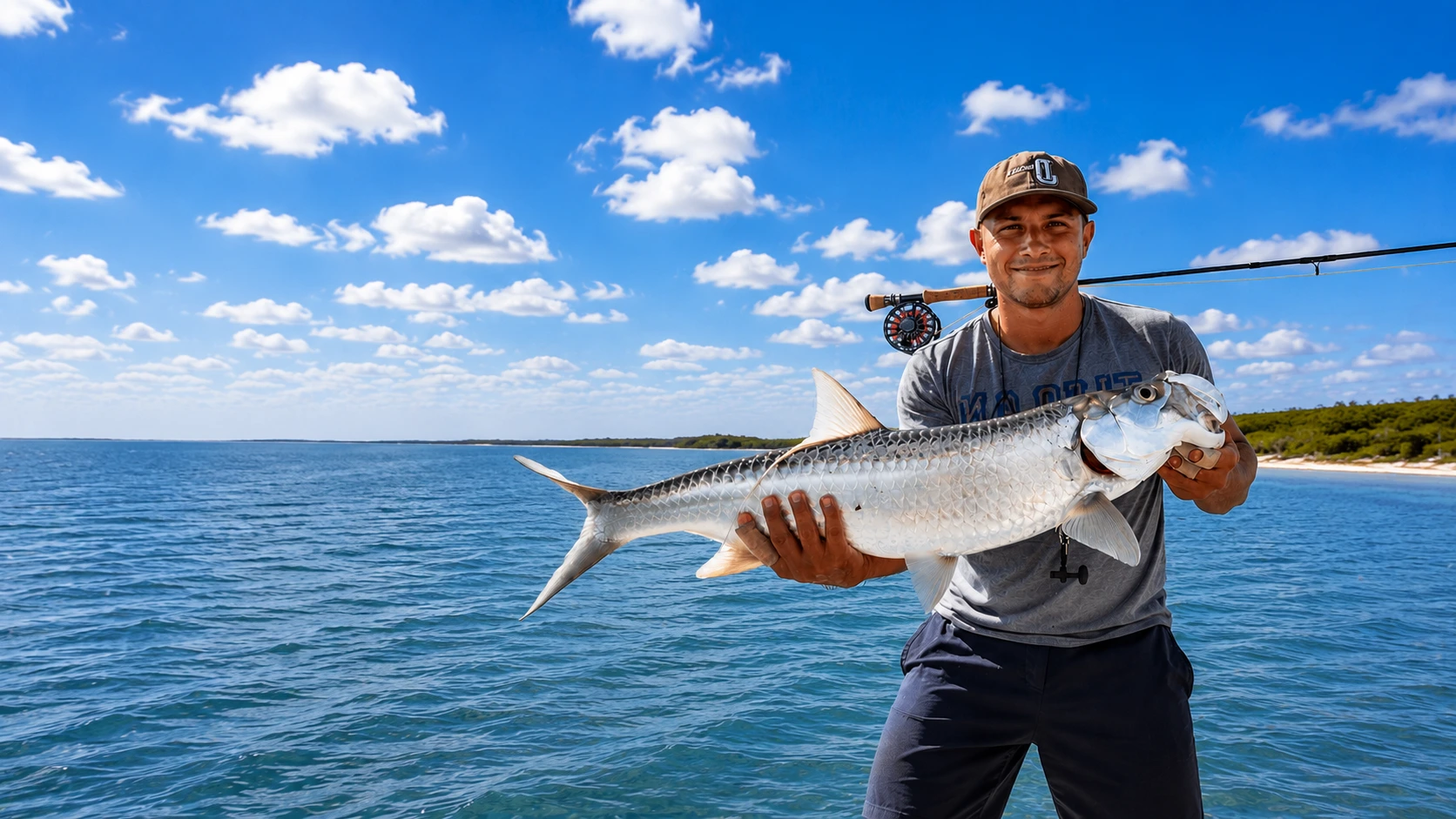Angler holding a trophy tarpon during a Sarasota fly fishing charter.