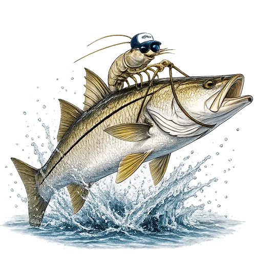 Illustrated snook mascot with a shrimp wearing sunglasses for Sarasota inshore fishing.