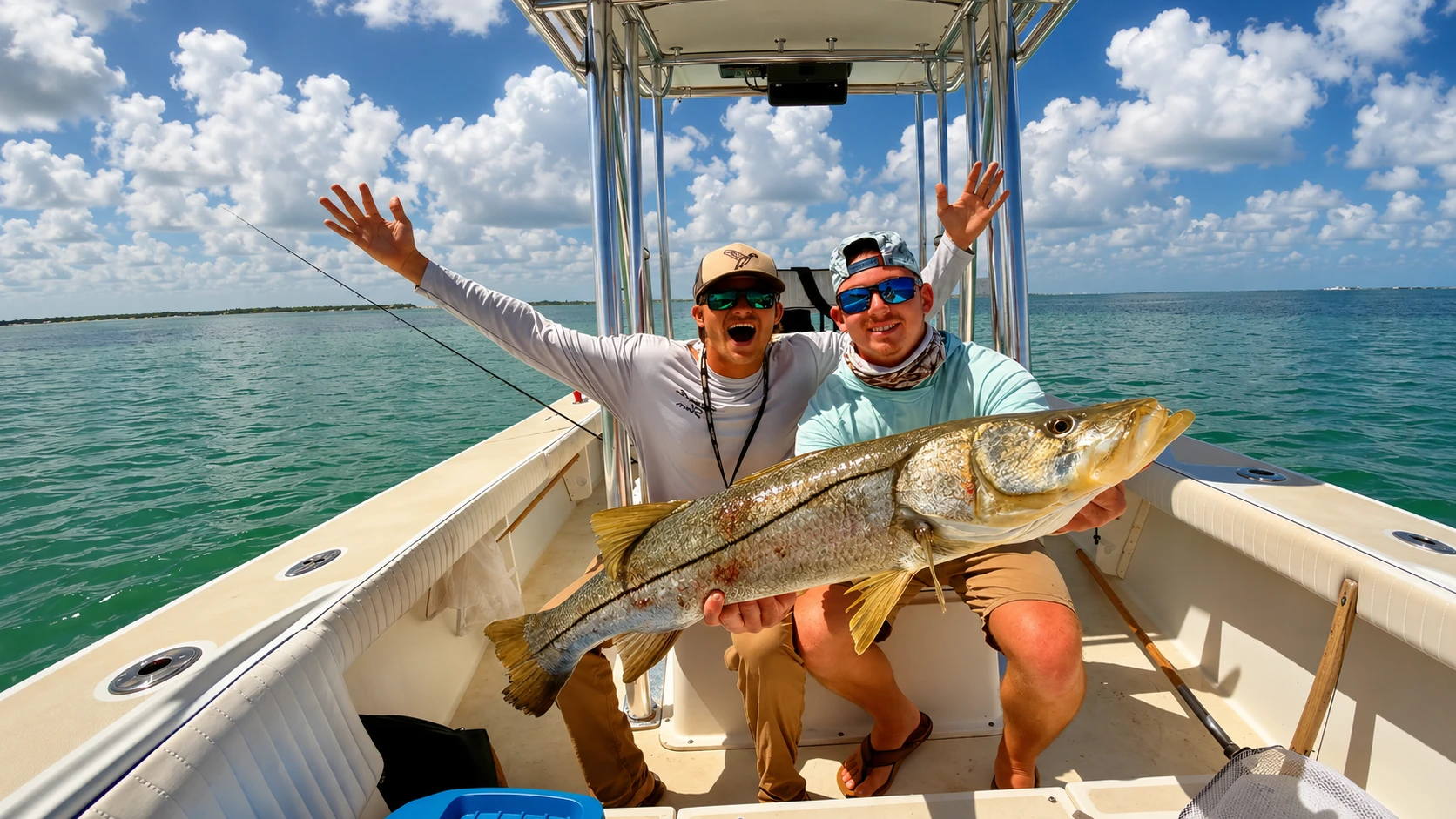 Two anglers celebrating with a trophy snook on a Sarasota nearshore fishing charter.