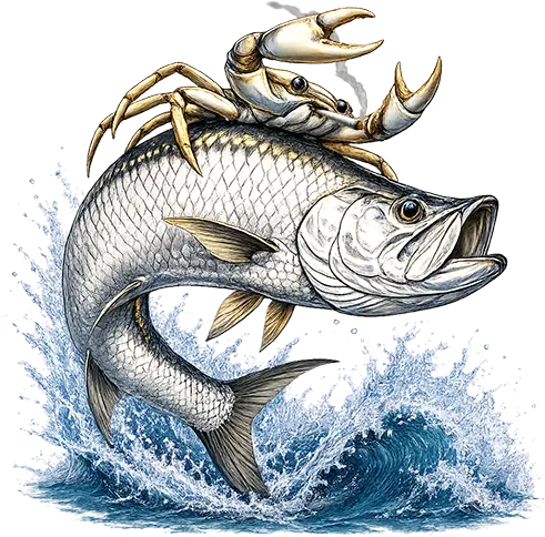 Illustrated tarpon leaping from the water with a crab riding on its back in a fun Sarasota fishing mascot design.