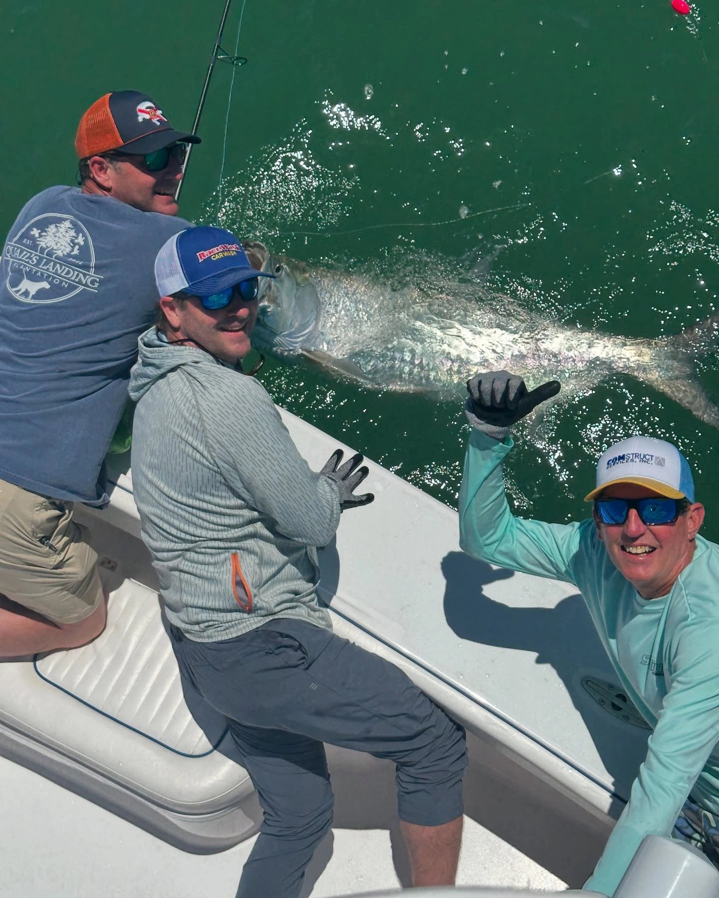 Three anglers releasing a large tarpon beside a Sarasota fishing charter boat after a successful catch.