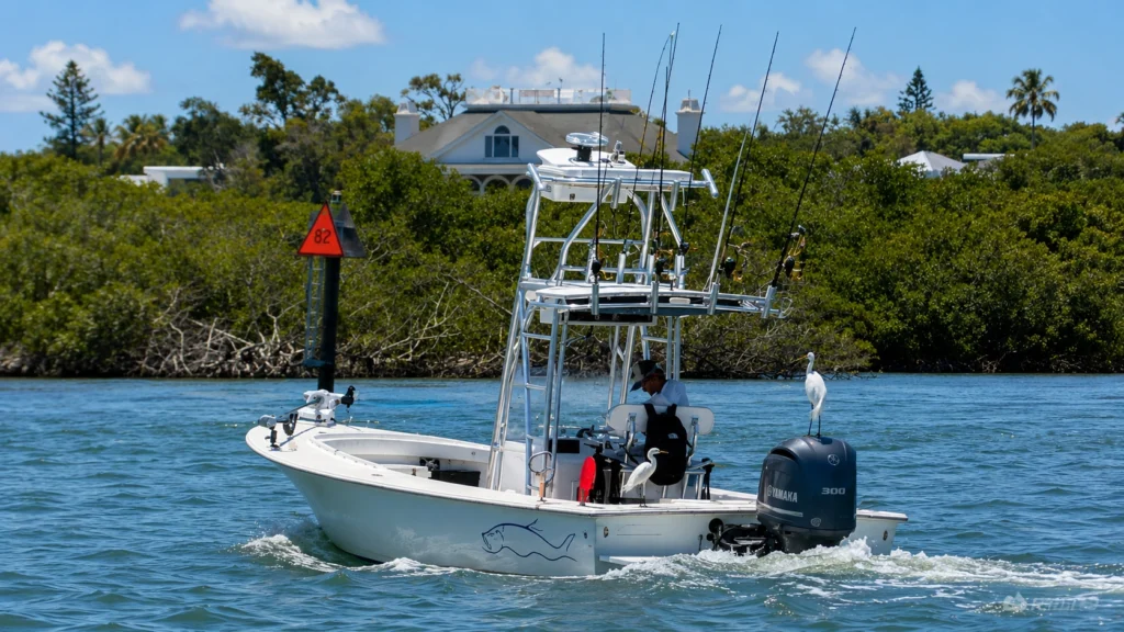 Center console fishing boat cruising through Sarasota Bay with a tower, multiple fishing rods, and two white egrets perched aboard.