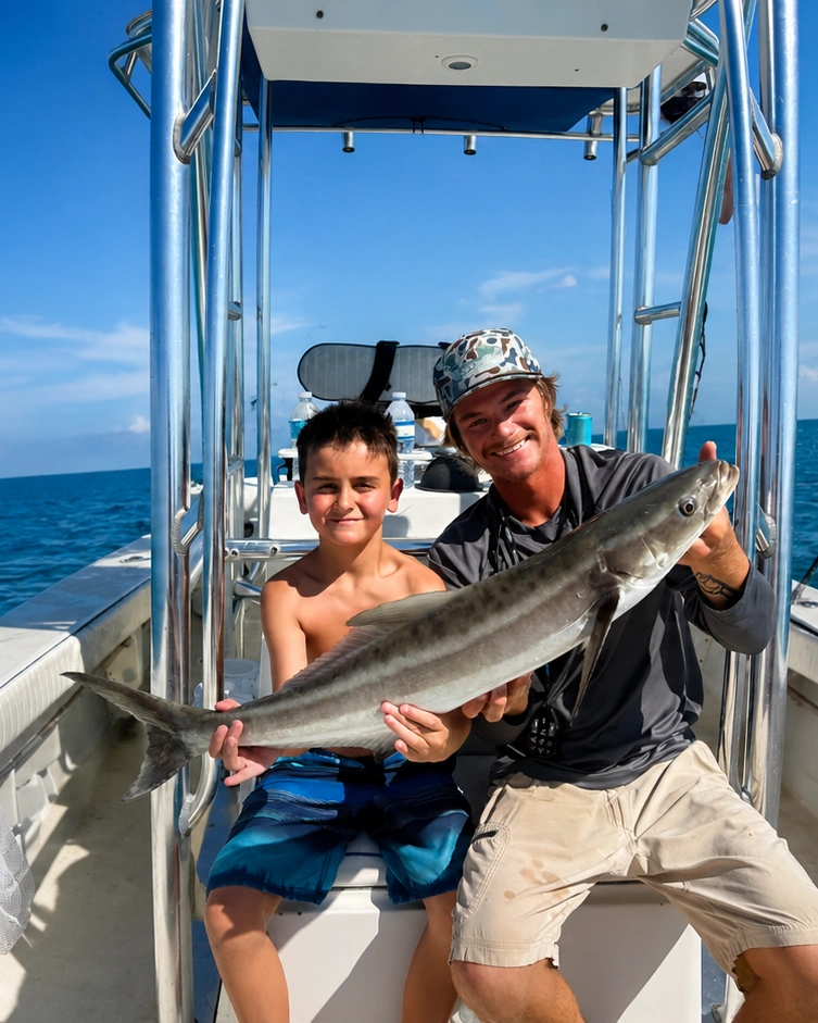 Young angler and Charter Sauce captain holding a cobia during a family fishing charter in Sarasota, Florida.