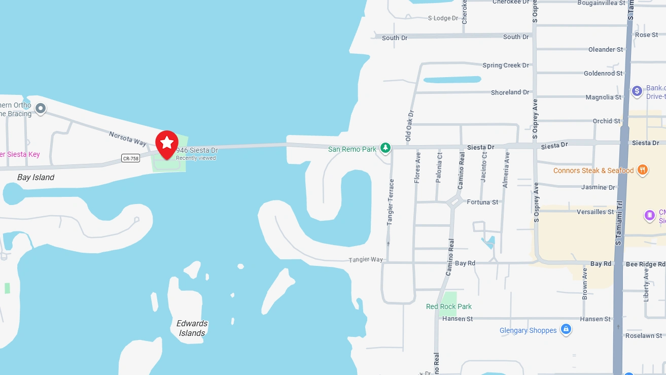 Map showing the Charter Sauce meeting location at Nora Patterson Bay Island Park, 946 Siesta Drive, Sarasota, Florida.