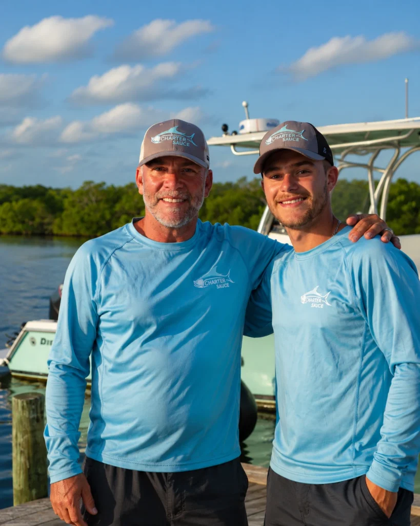 Father-and-son fishing guides at Sarasota Bay ready for a private fishing charter.