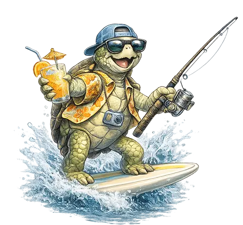 Illustrated sea turtle mascot with fishing rod and tropical drink for Sarasota spring break fishing.