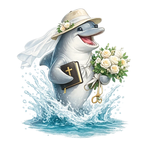 Illustrated dolphin dressed for a waterfront wedding holding a bouquet and ceremony book in a fun Sarasota wedding charter mascot design.